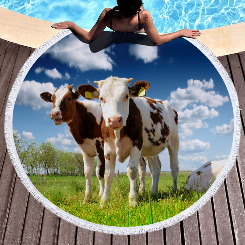 Printed 3D Cows Round Beach Towel 2 3D Cows Printed Round Beach Towel 1