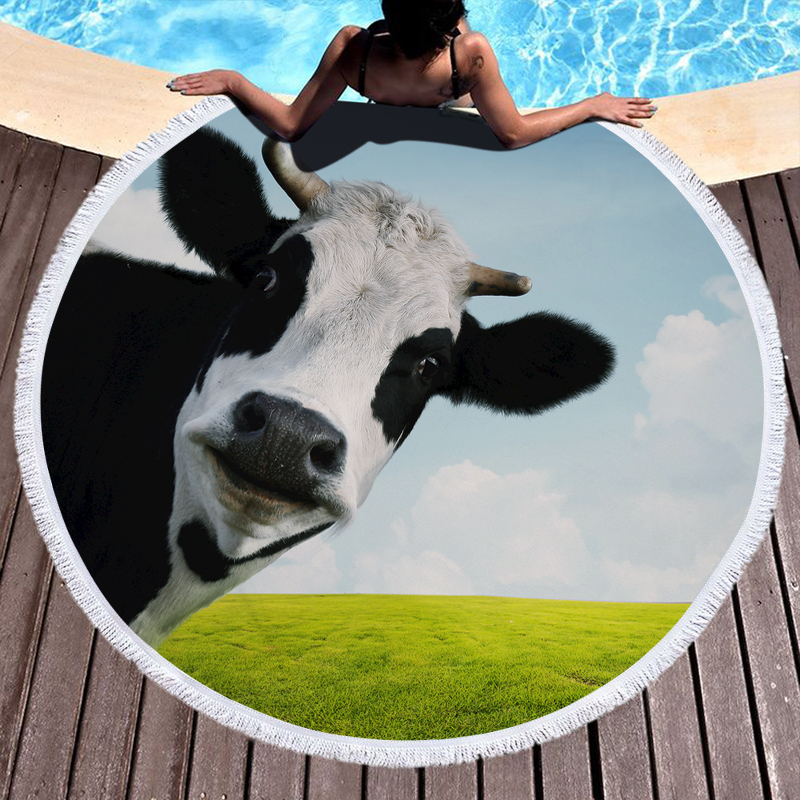 Printed 3D Cows Round Beach Towel 3 3D Cows Printed Round Beach Towel 2