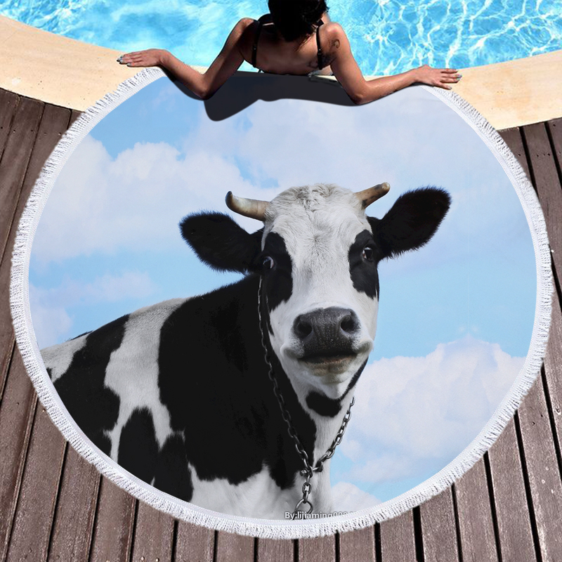 Printed 3D Cows Round Beach Towel 4 3D Cows Printed Round Beach Towel 3