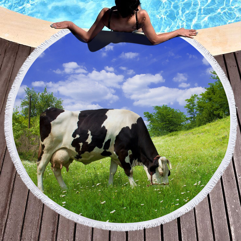 Printed 3D Cows Round Beach Towel 6 3D Cows Printed Round Beach Towel 5