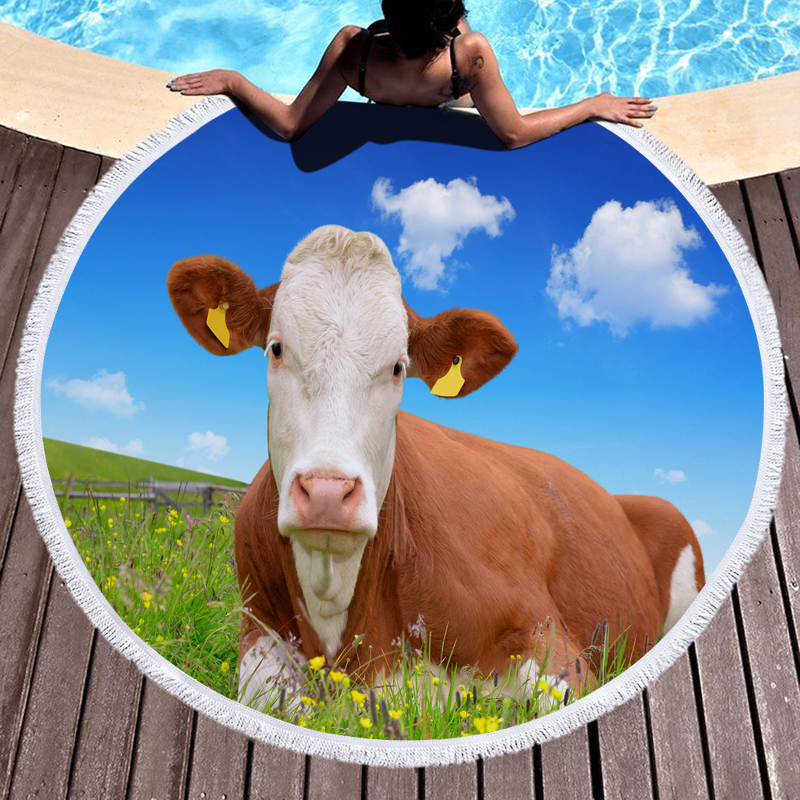 Printed 3D Cows Round Beach Towel 7 3D Cows Printed Round Beach Towel 6