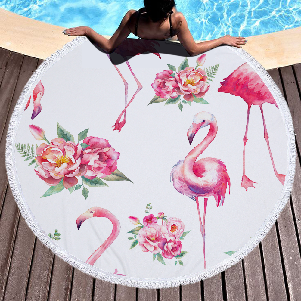 Cactus and Flamingos Round Beach Towel