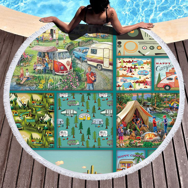 Camper Camping Round Blanket Towel 7 Camper Camping Round Beach Towel 6
