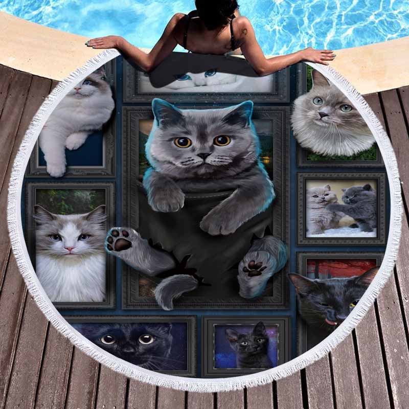 Cat Animals Round Beach Towel 2 Cat Animals Round Beach Towel 1
