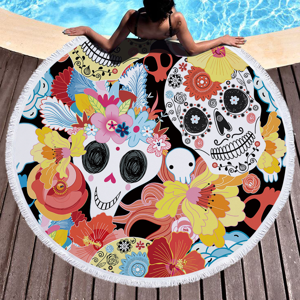 Flowers Skull Round Beach Towel 1