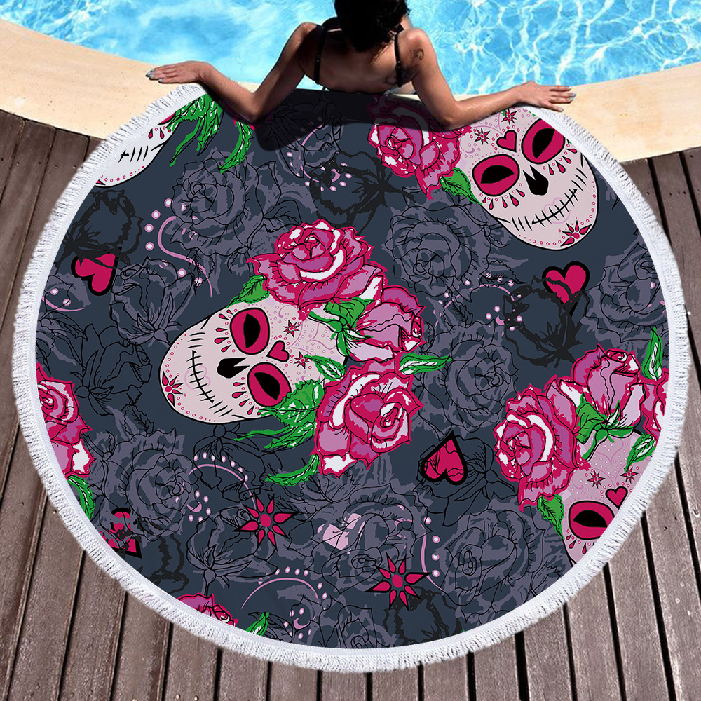 Flowers Skull Round Beach Towel 12