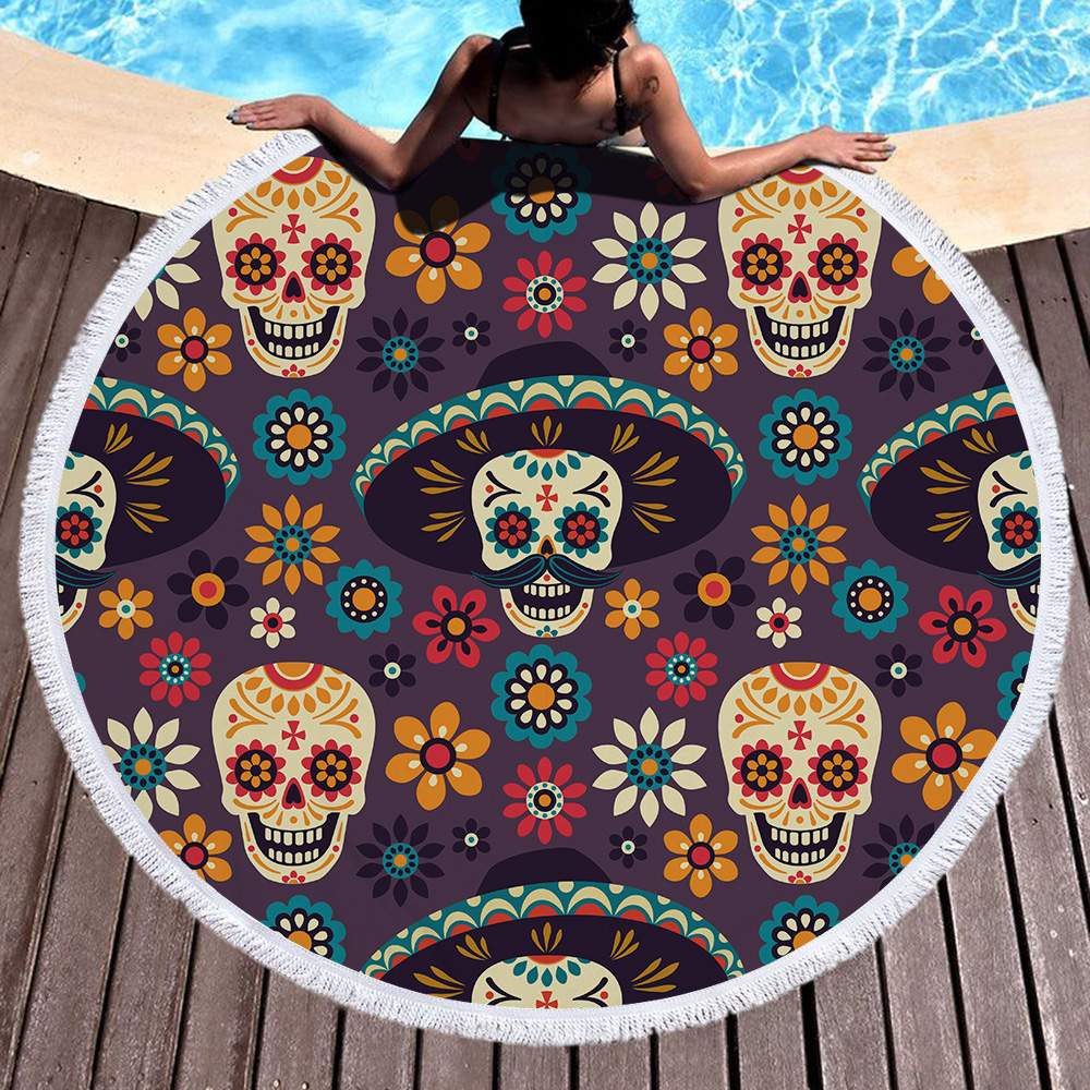 Flowers Skull Round Beach Towel 2