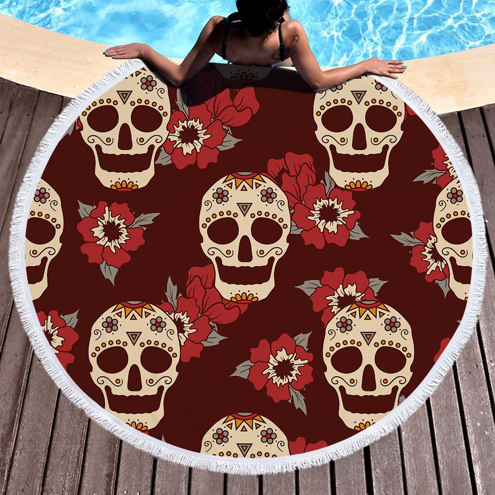 Flowers Skull Round Beach Towel 3
