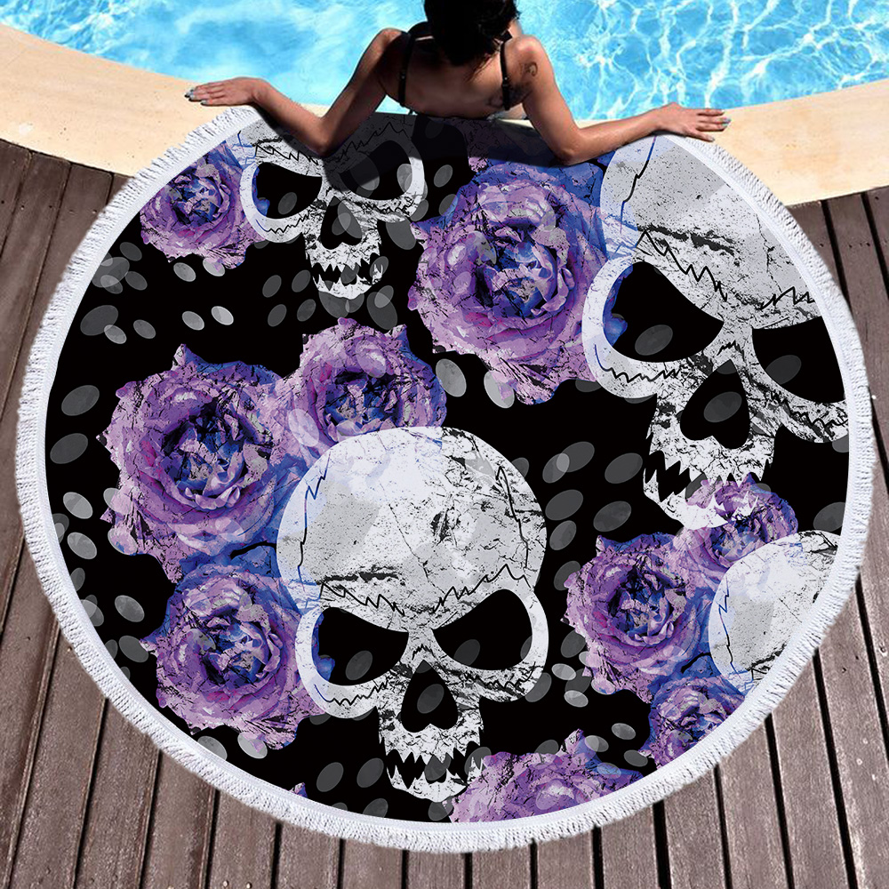 Flowers Skull Round Beach Towel 33