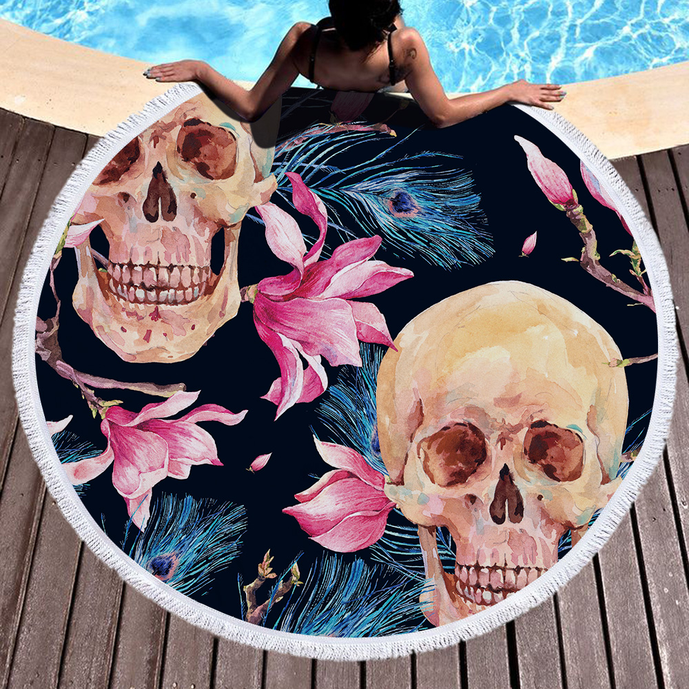Flowers Skull Round Beach Towel 35
