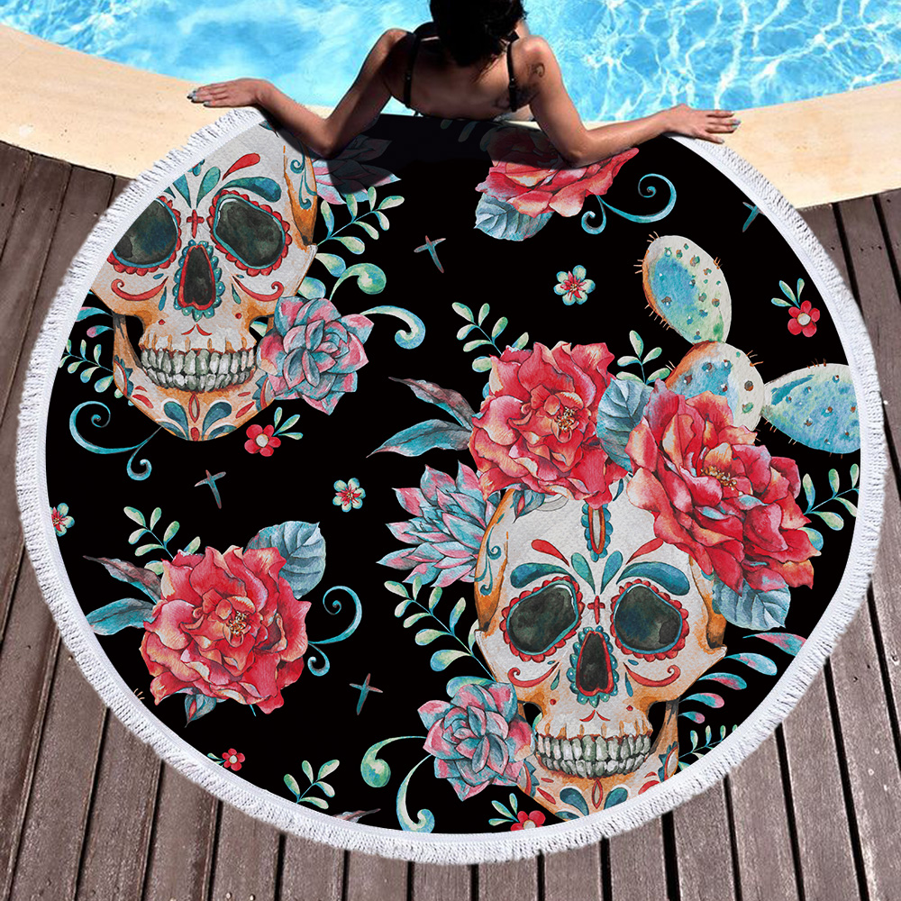 Flowers Skull Round Beach Towel 40