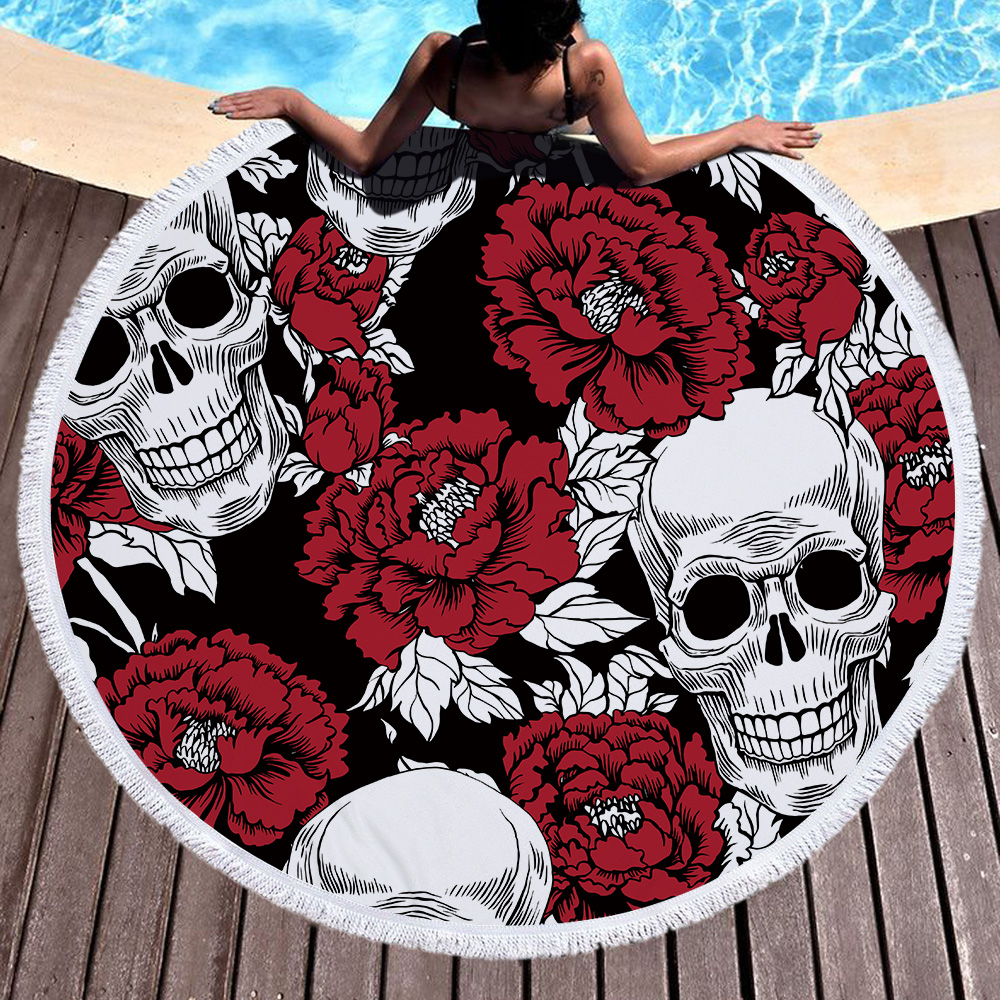 Flowers Skull Round Beach Towel 45