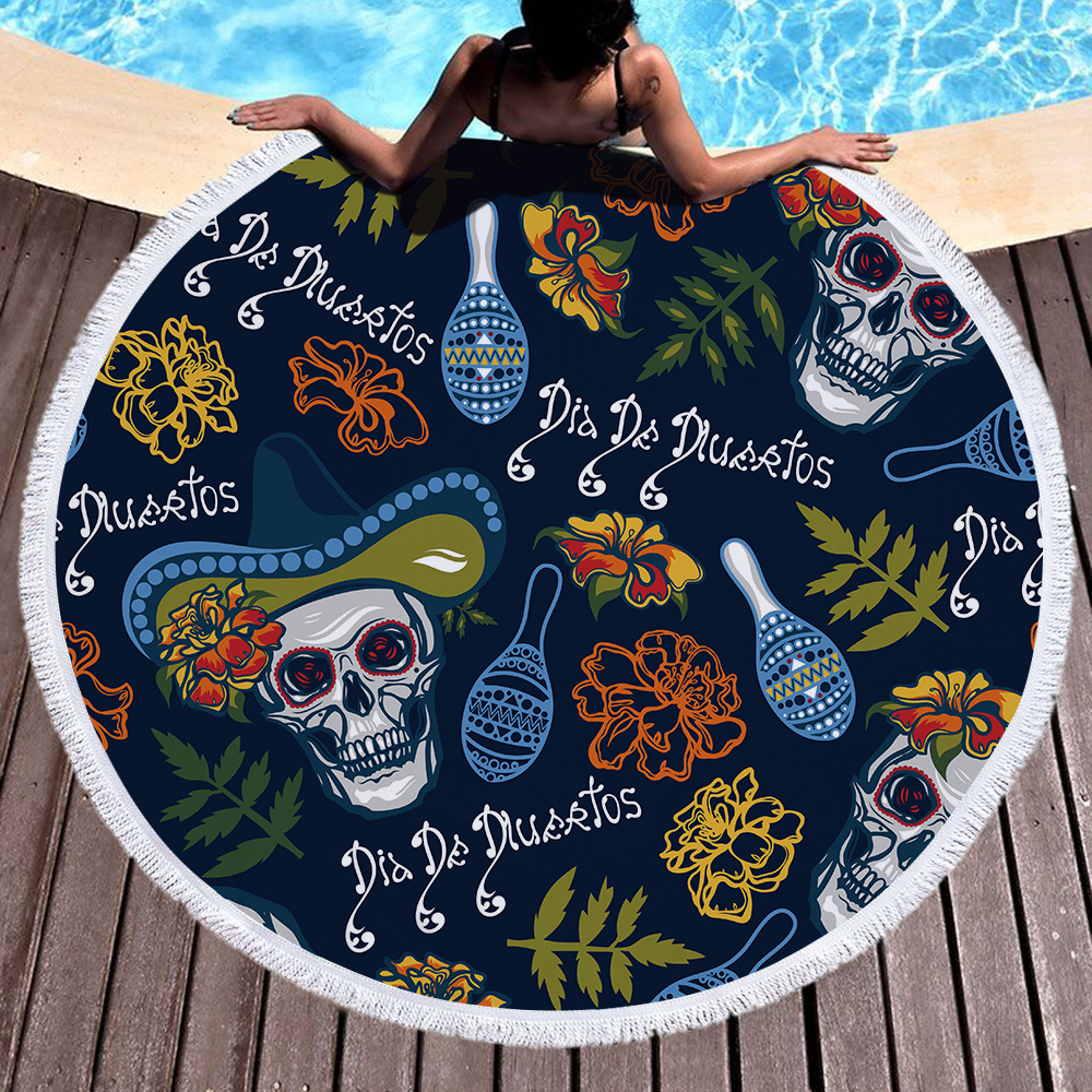 Flowers Skull Round Beach Towel 46