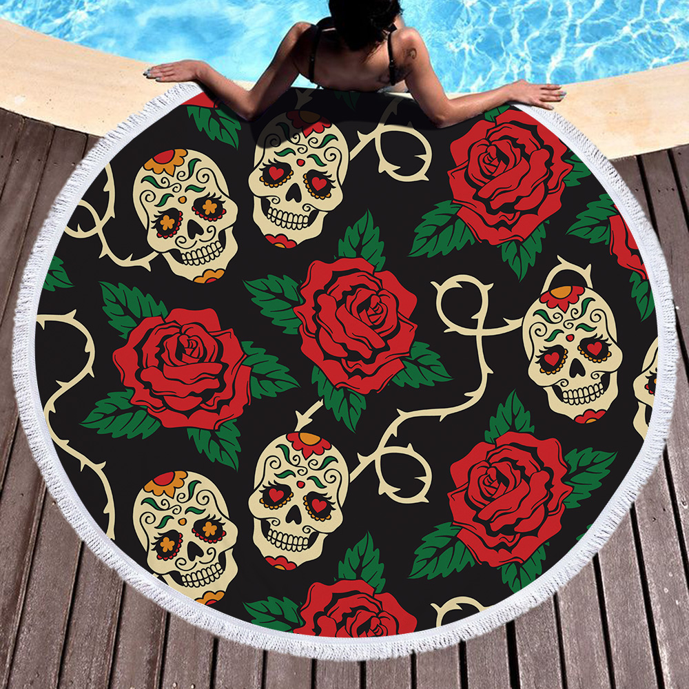 Flowers Skull Round Beach Towel 49