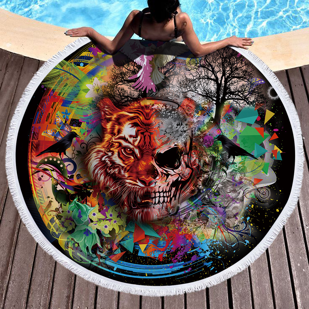 Flowers Skull Round Beach Towel 50
