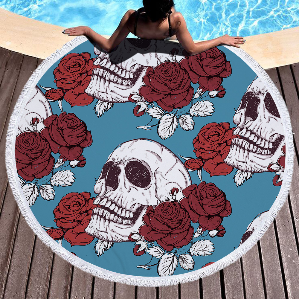 Flowers Skull Round Beach Towel 53