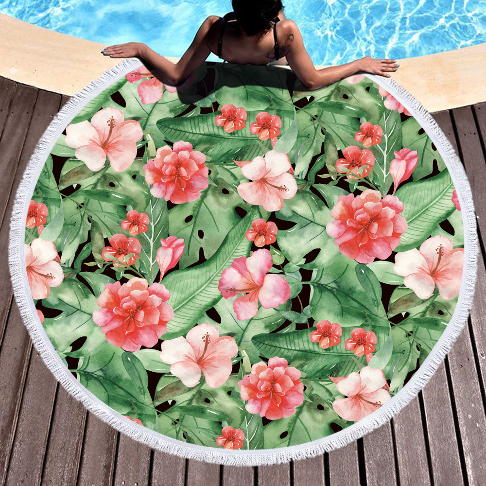 Leaves and Flowers Round Beach Towel 1