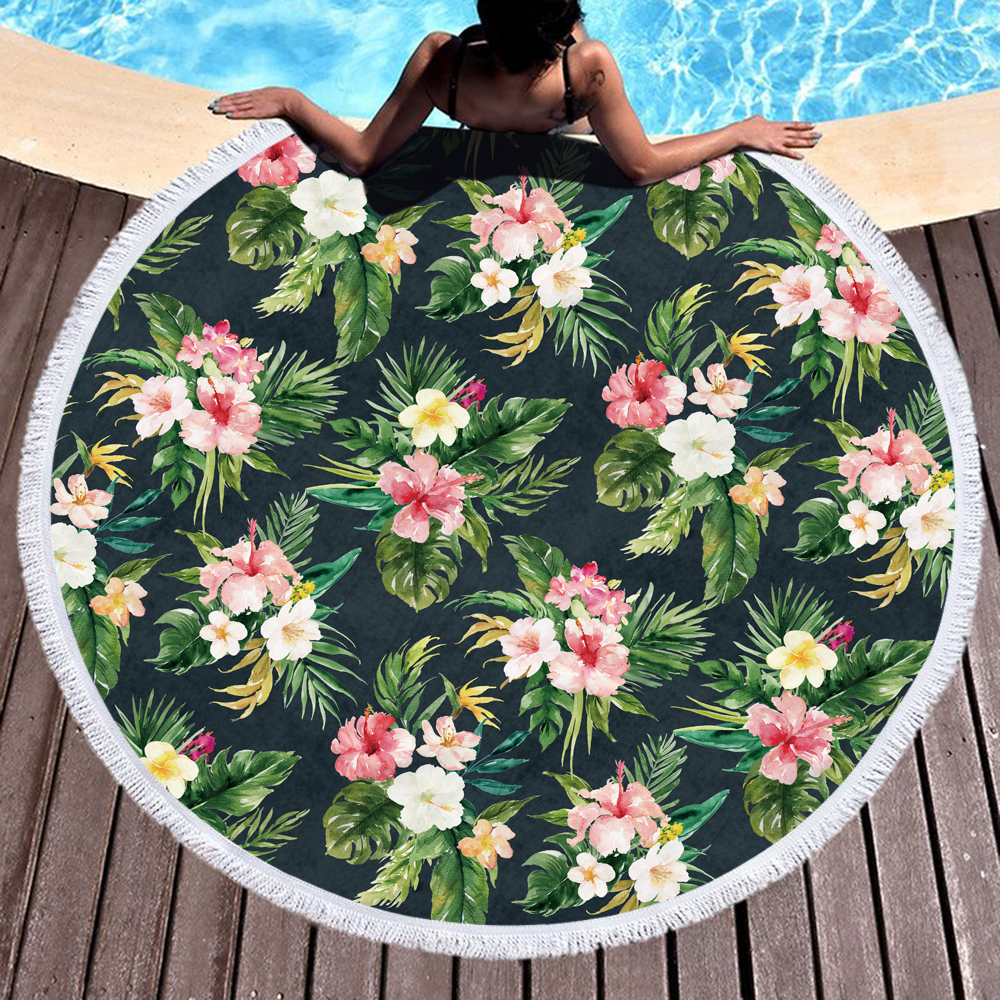 Leaves and Flowers Round Beach Towel 13