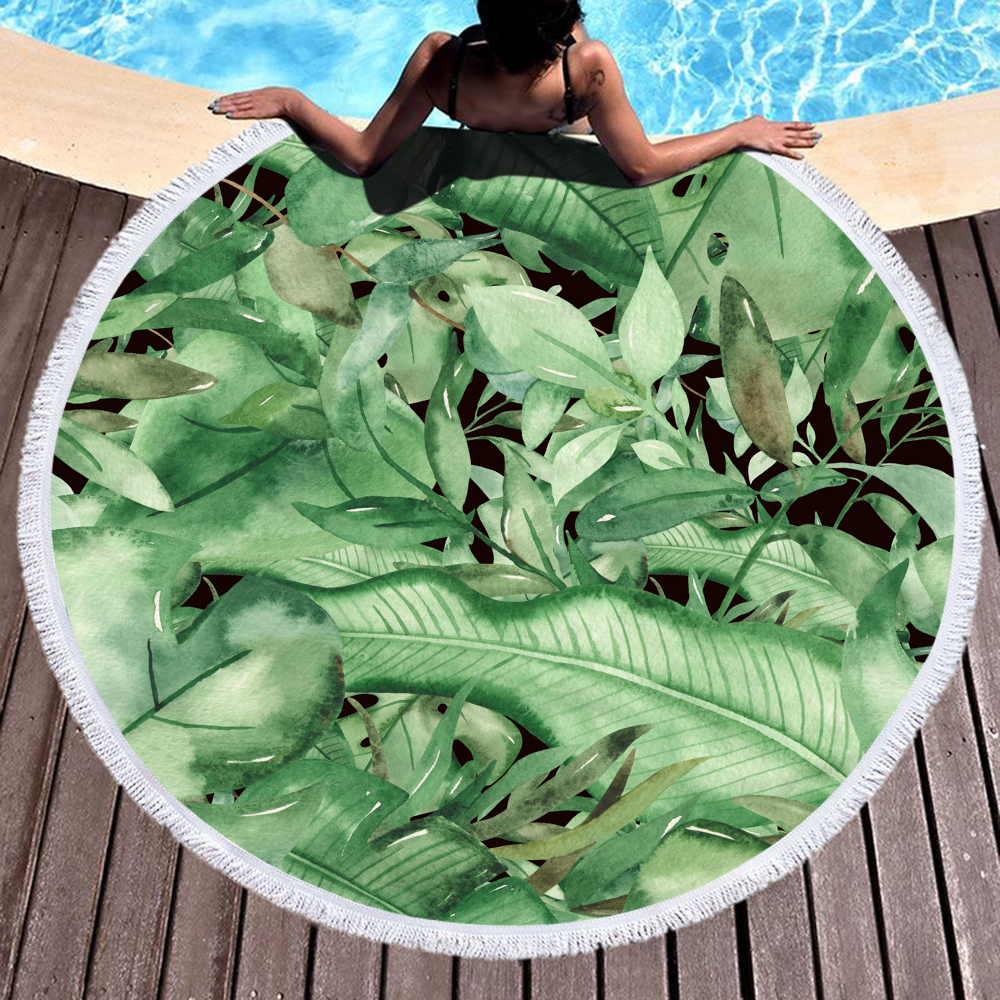 Leaves and Flowers Round Beach Towel 2