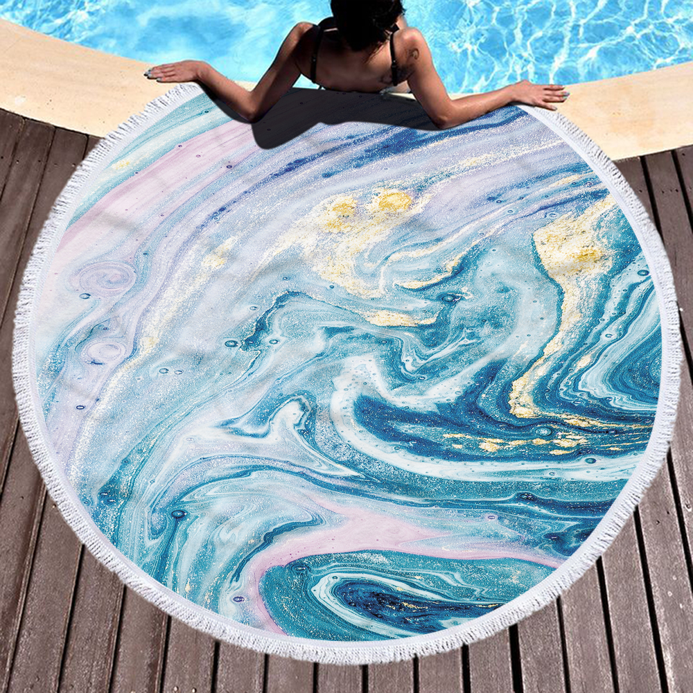 Marble Gilt Round Beach Towel With Fringes 2 Marble Gilt Round Beach Towel With Fringes 1
