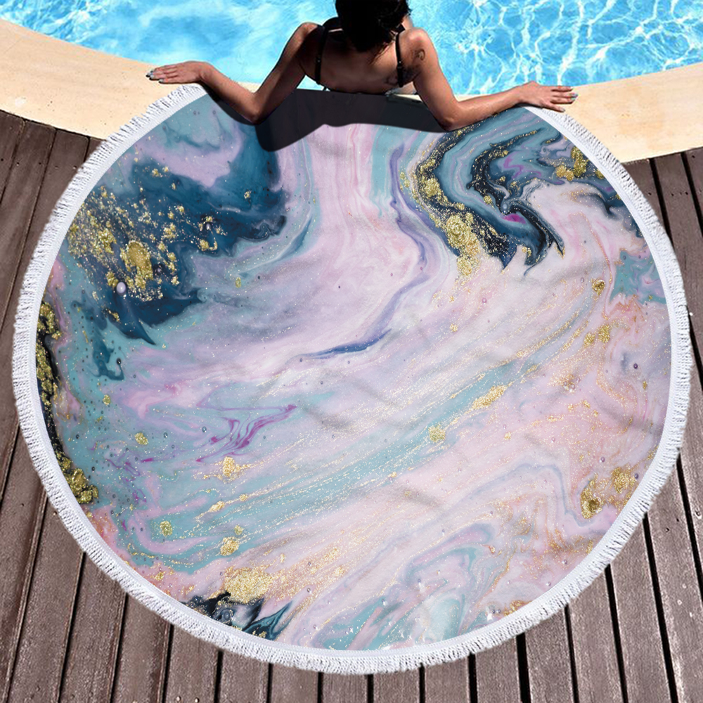Marble Gilt Round Beach Towel With Fringes 3 Marble Gilt Round Beach Towel With Fringes 2