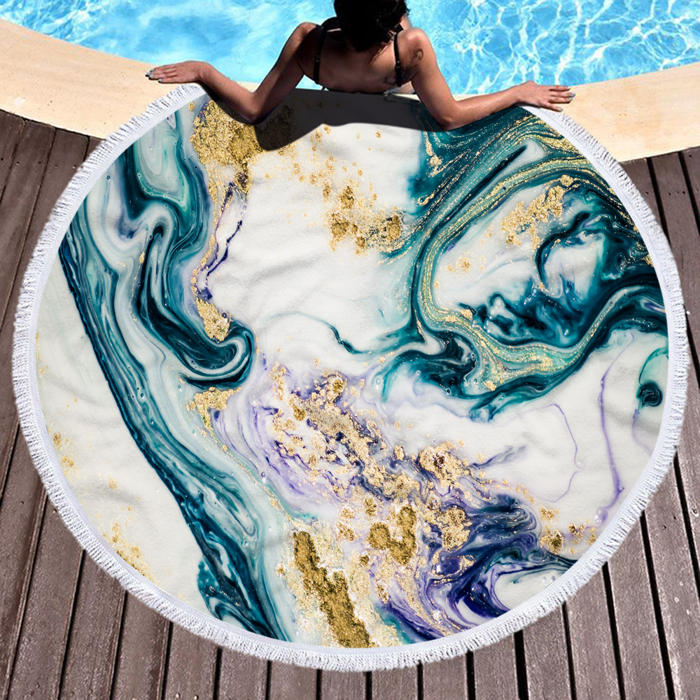 Marble Gilt Round Beach Towel With Fringes 9 Marble Gilt Round Beach Towel With Fringes 8
