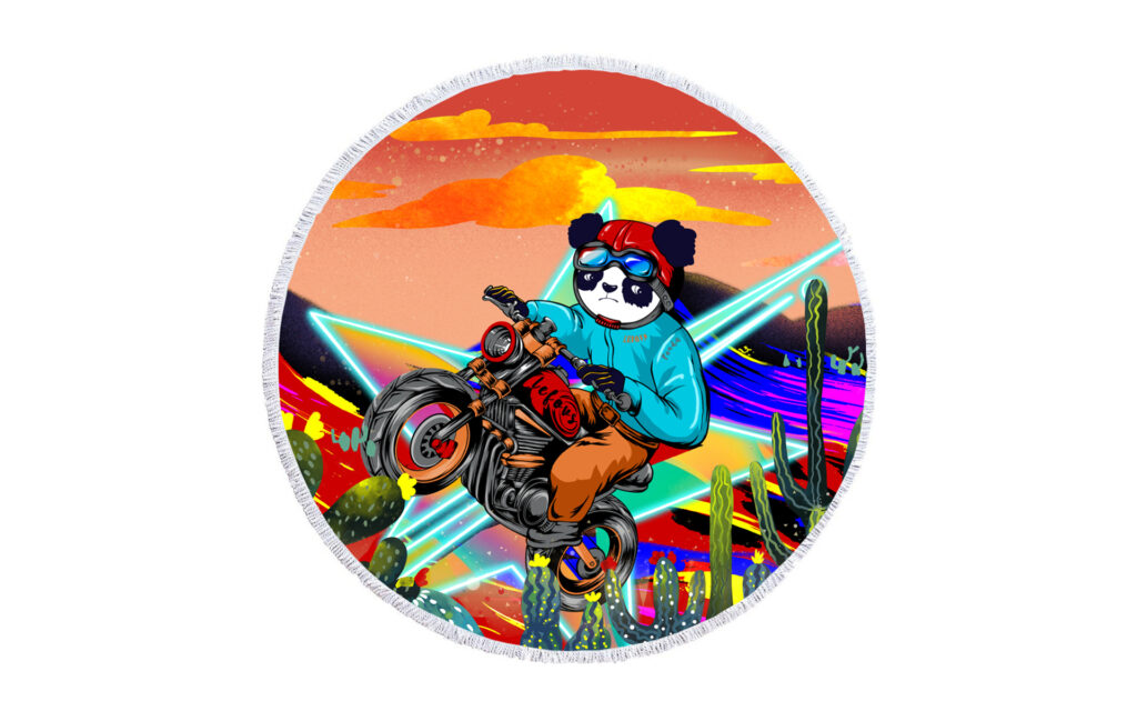 Panda On a Motorcycle - Strong Water Absorption Round Beach Towel