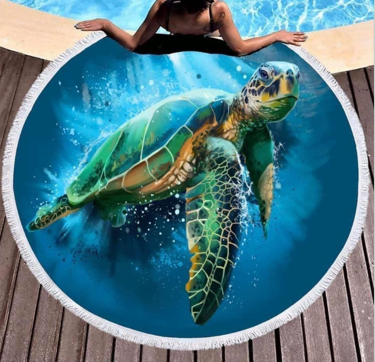 Sea Turtle Seahorse Ocean Animal Round Beach Towel 1