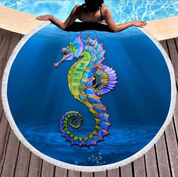 Sea Turtle Seahorse Ocean Animal Round Beach Towel 2