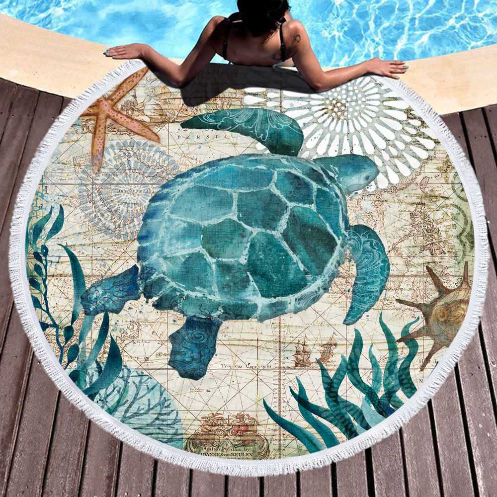 Sea Turtle Seahorse Ocean Animal Round Beach Towel 5