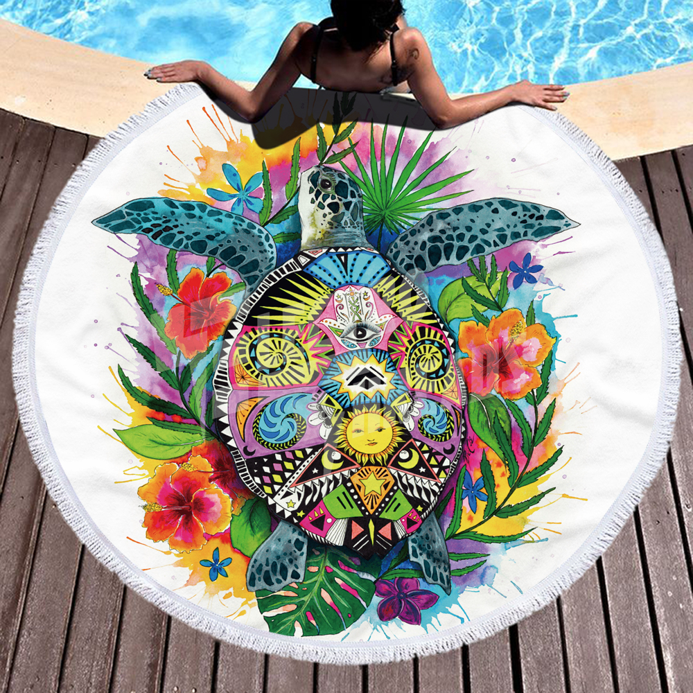 Sea Turtle Seahorse Ocean Animal Round Beach Towel 6
