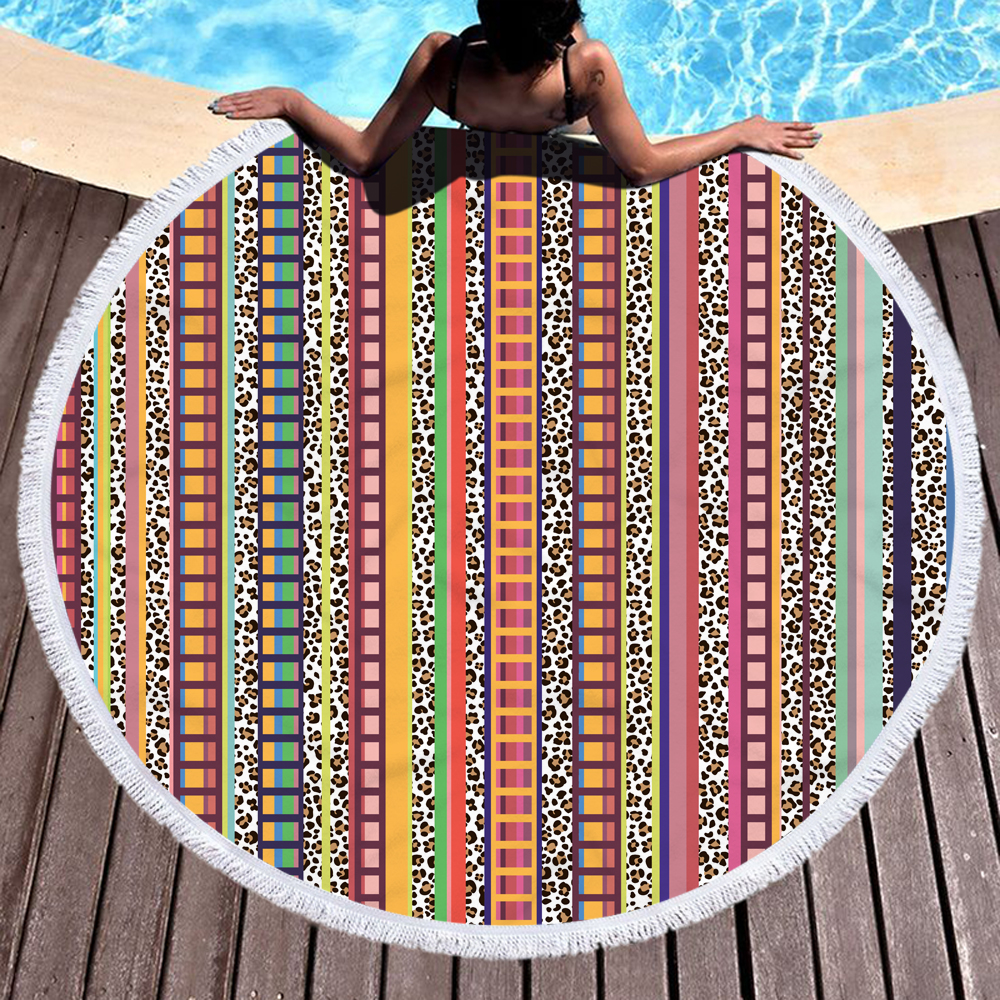 Striped Leopard Print Round Beach Towel 1