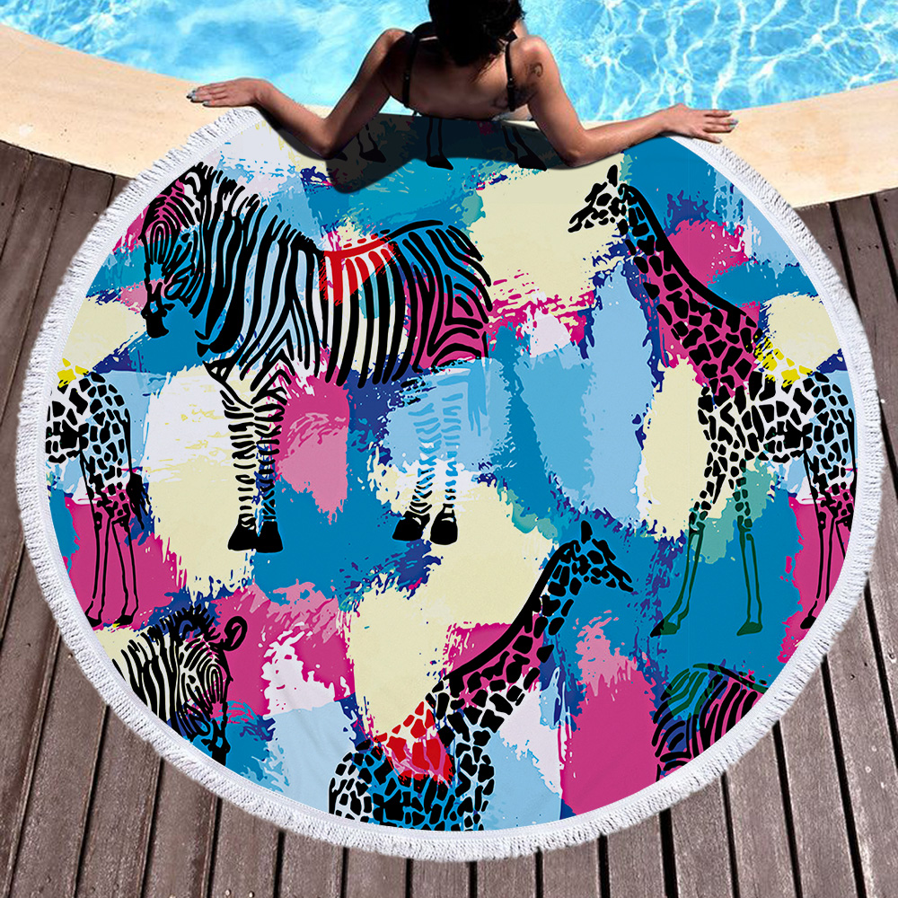 Striped Leopard Print Round Beach Towel 16