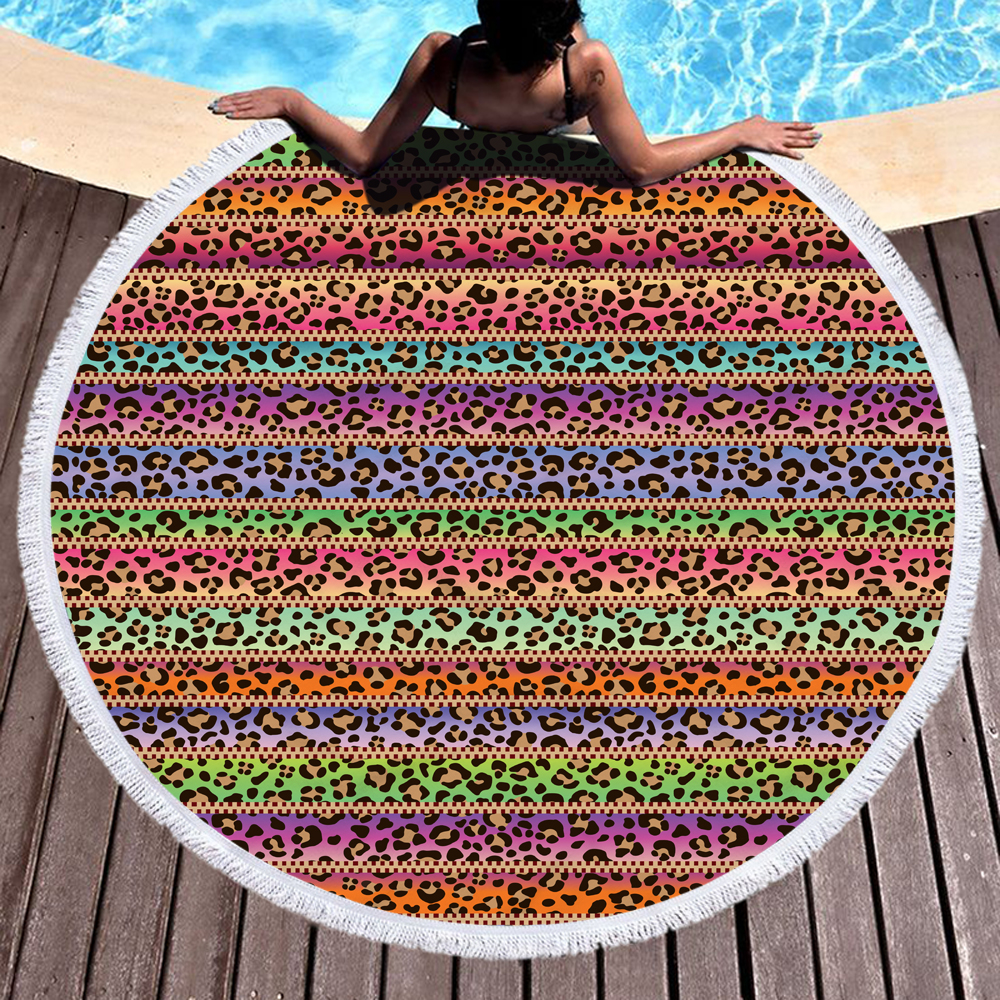 Striped Leopard Print Round Beach Towel 3