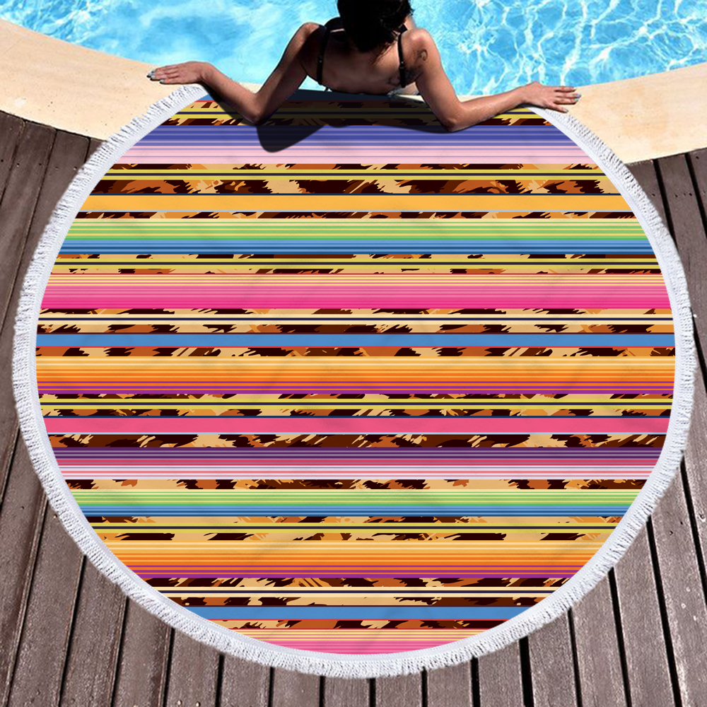 Striped Leopard Print Round Beach Towel 5