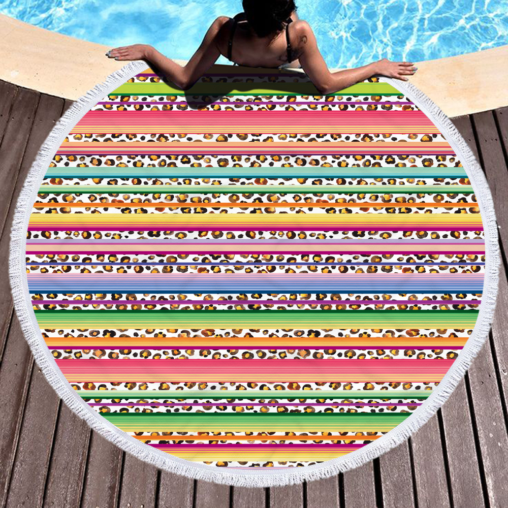 Striped Leopard Print Round Beach Towel 7