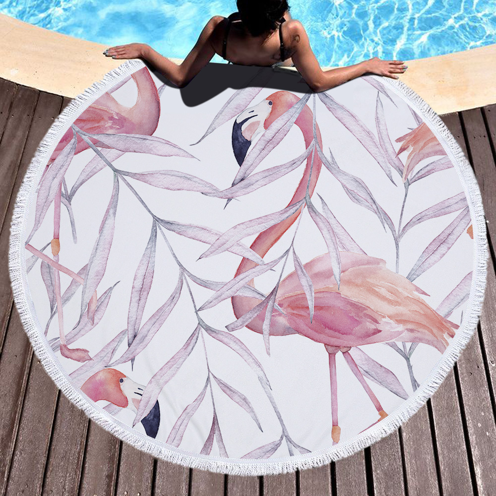 Tropical Plants and Flamingos Round Beach Towel 10