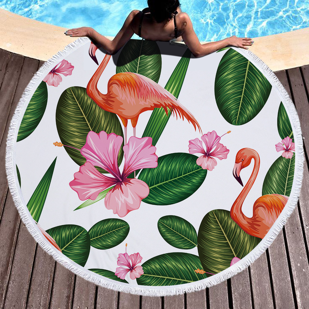 Tropical Plants and Flamingos Round Beach Towel 13