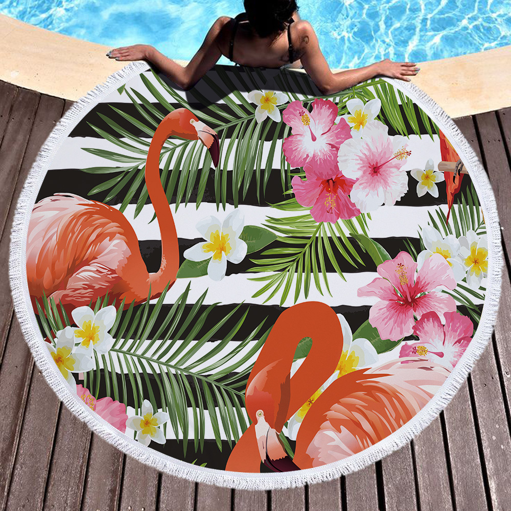 Tropical Plants and Flamingos Round Beach Towel 15