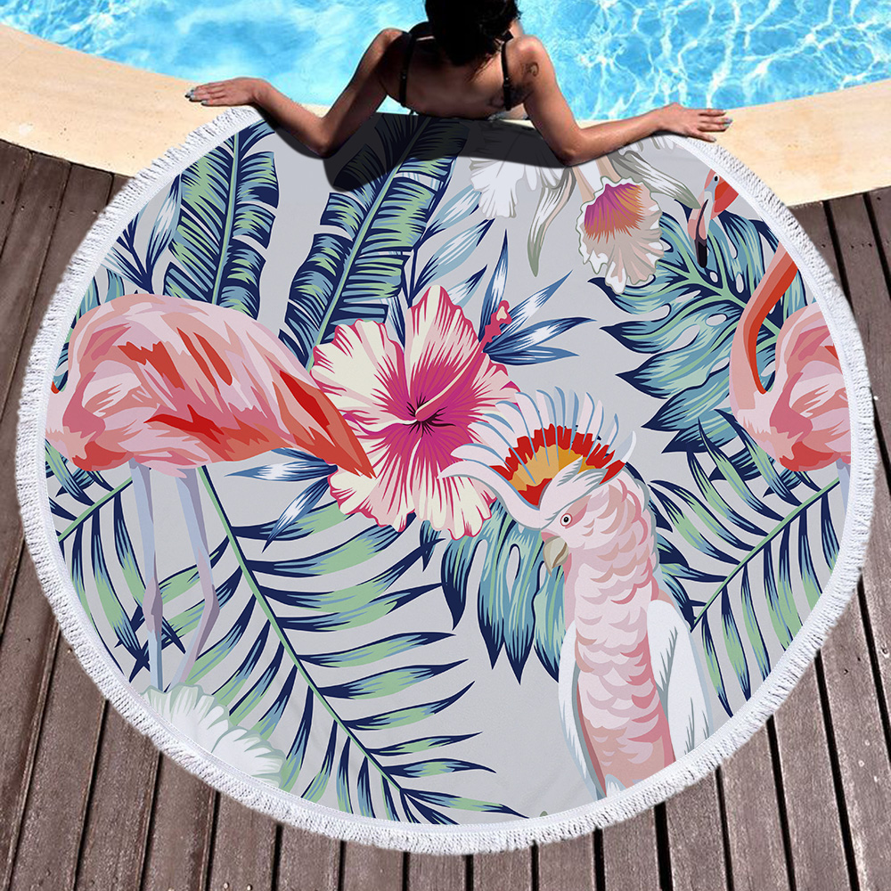 Tropical Plants and Flamingos Round Beach Towel 16