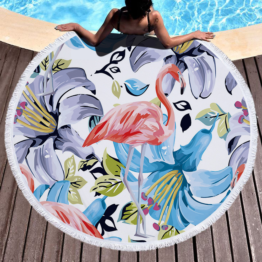 Tropical Plants and Flamingos Round Beach Towel 17
