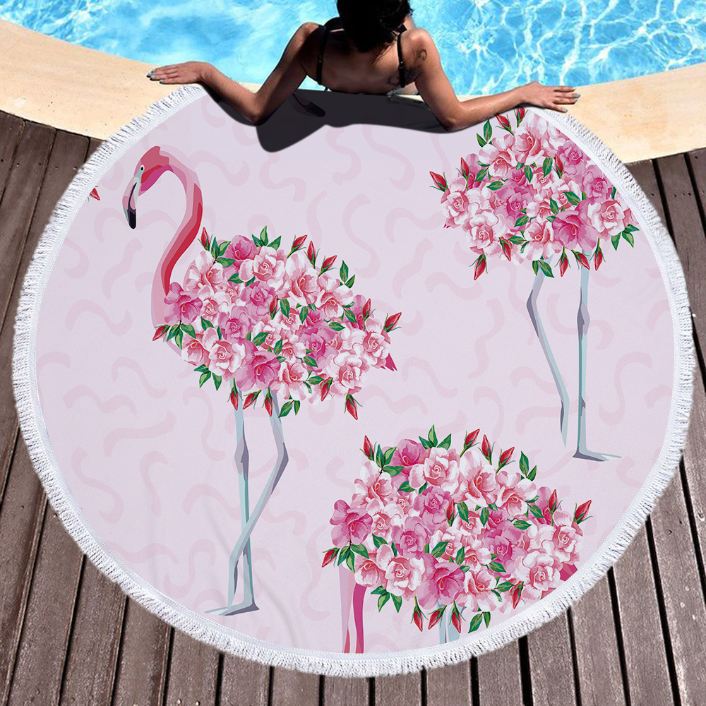 Tropical Plants and Flamingos Round Beach Towel 19