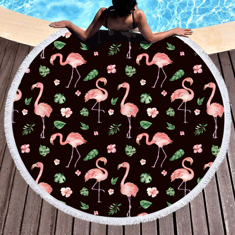 Tropical Plants and Flamingos Round Beach Towel 2