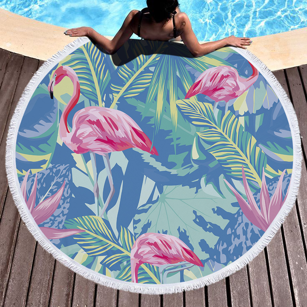 Tropical Plants and Flamingos Round Beach Towel 21