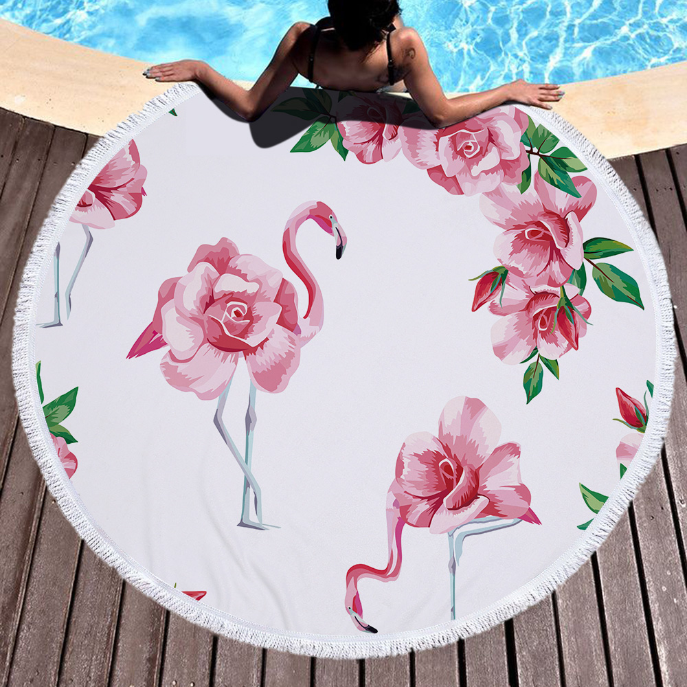 Tropical Plants and Flamingos Round Beach Towel 22