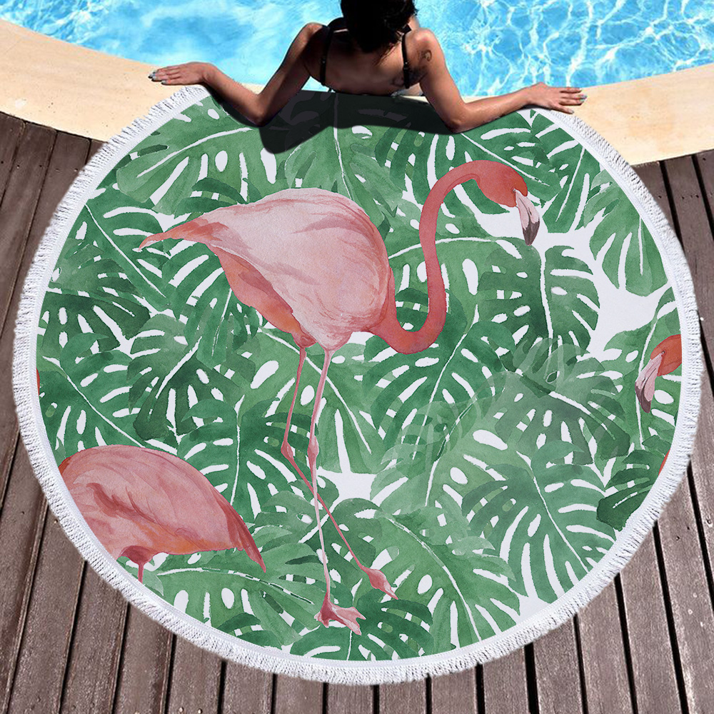 Tropical Plants and Flamingos Round Beach Towel 23