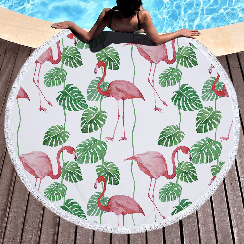 Tropical Plants and Flamingos Round Beach Towel 24