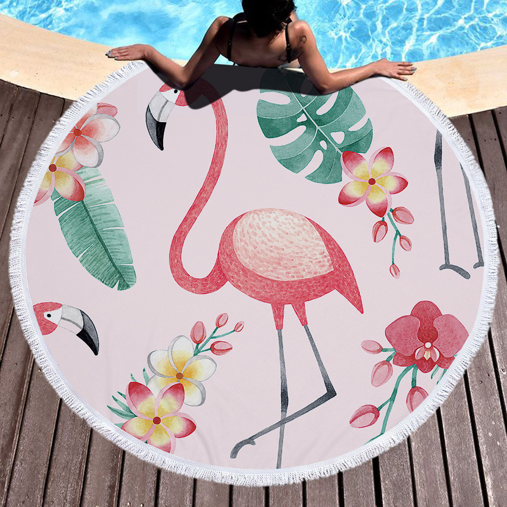 Tropical Plants and Flamingos Round Beach Towel 25