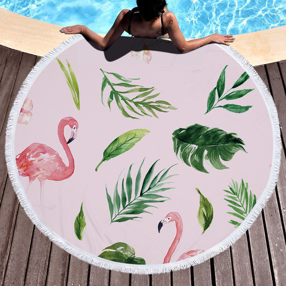Tropical Plants and Flamingos Round Beach Towel 26