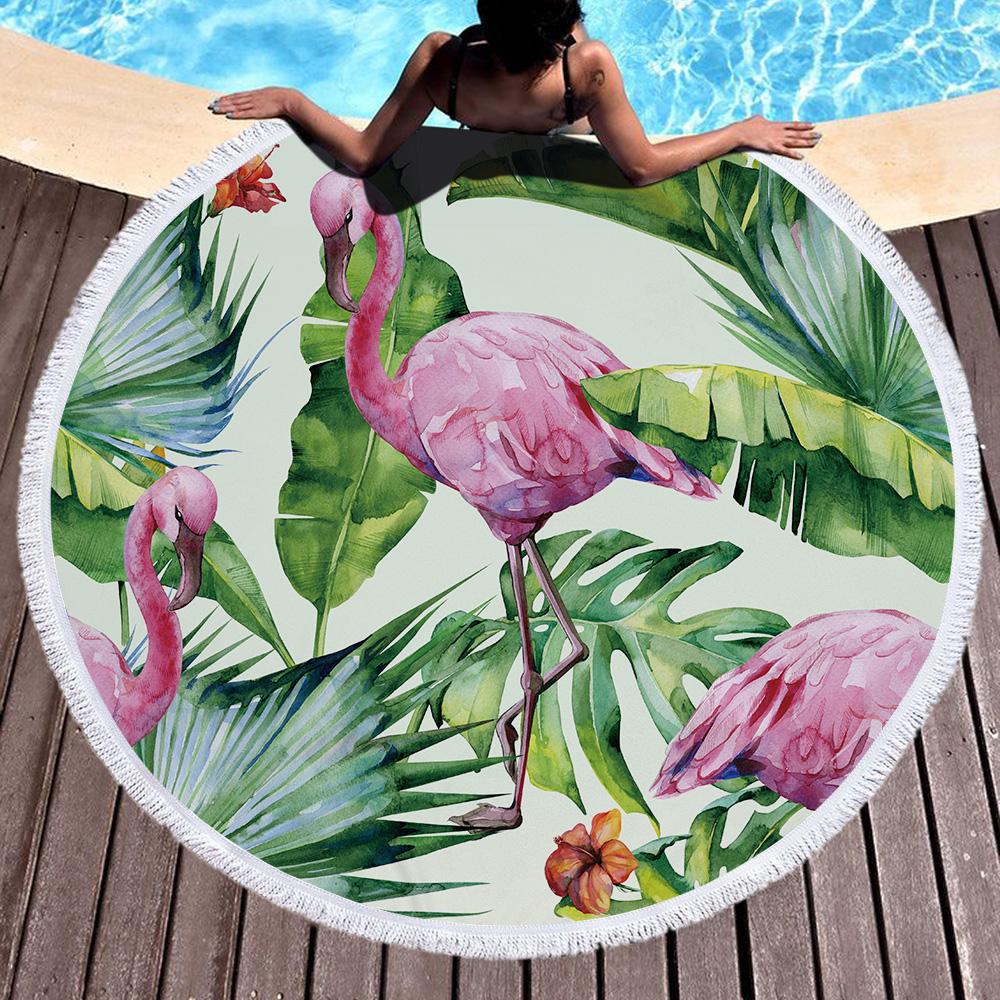 Tropical Plants and Flamingos Round Beach Towel 27